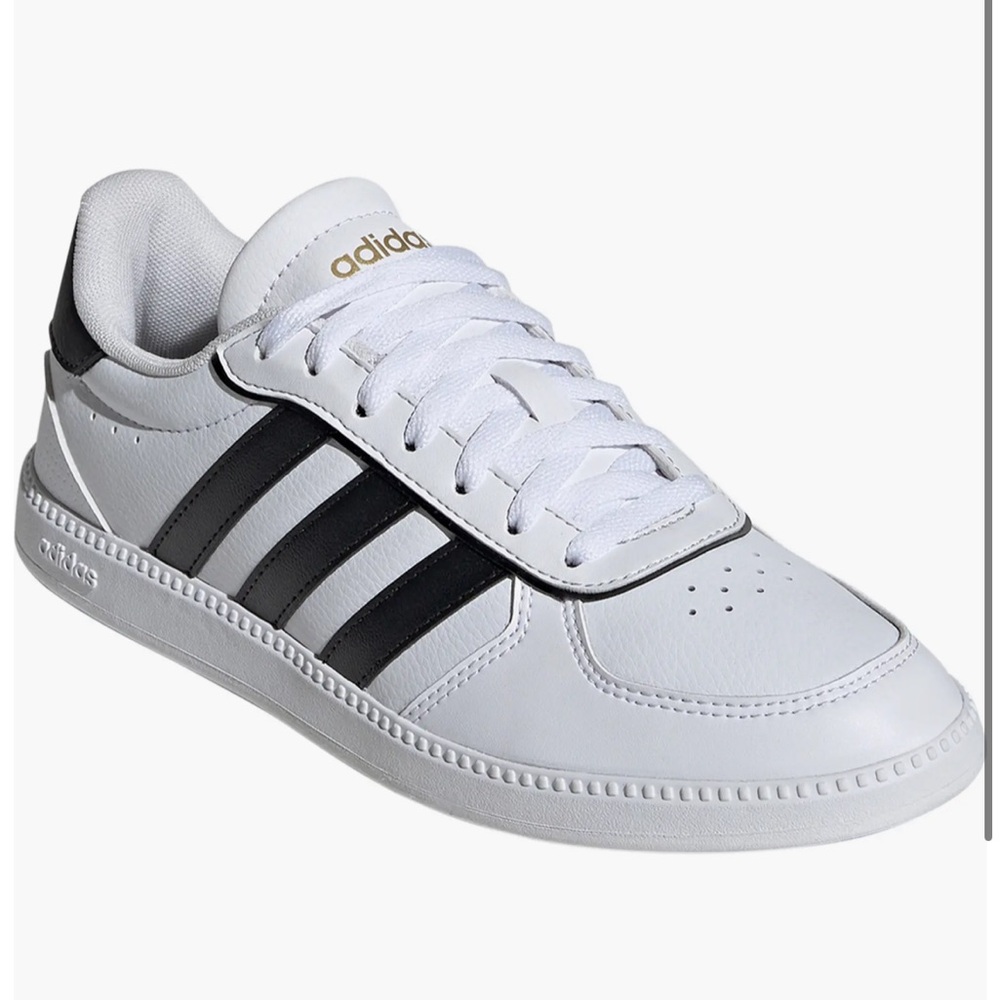 adidas White Sneakers with Black Three-Stripes and Gold Logo